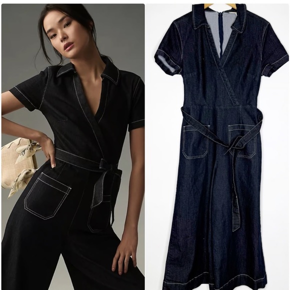 MAEVE ANTHROPOLOGIE Dark Blue Colette Wrap Denim Romper Jumpsuit size 10 - Picture 2 of 14